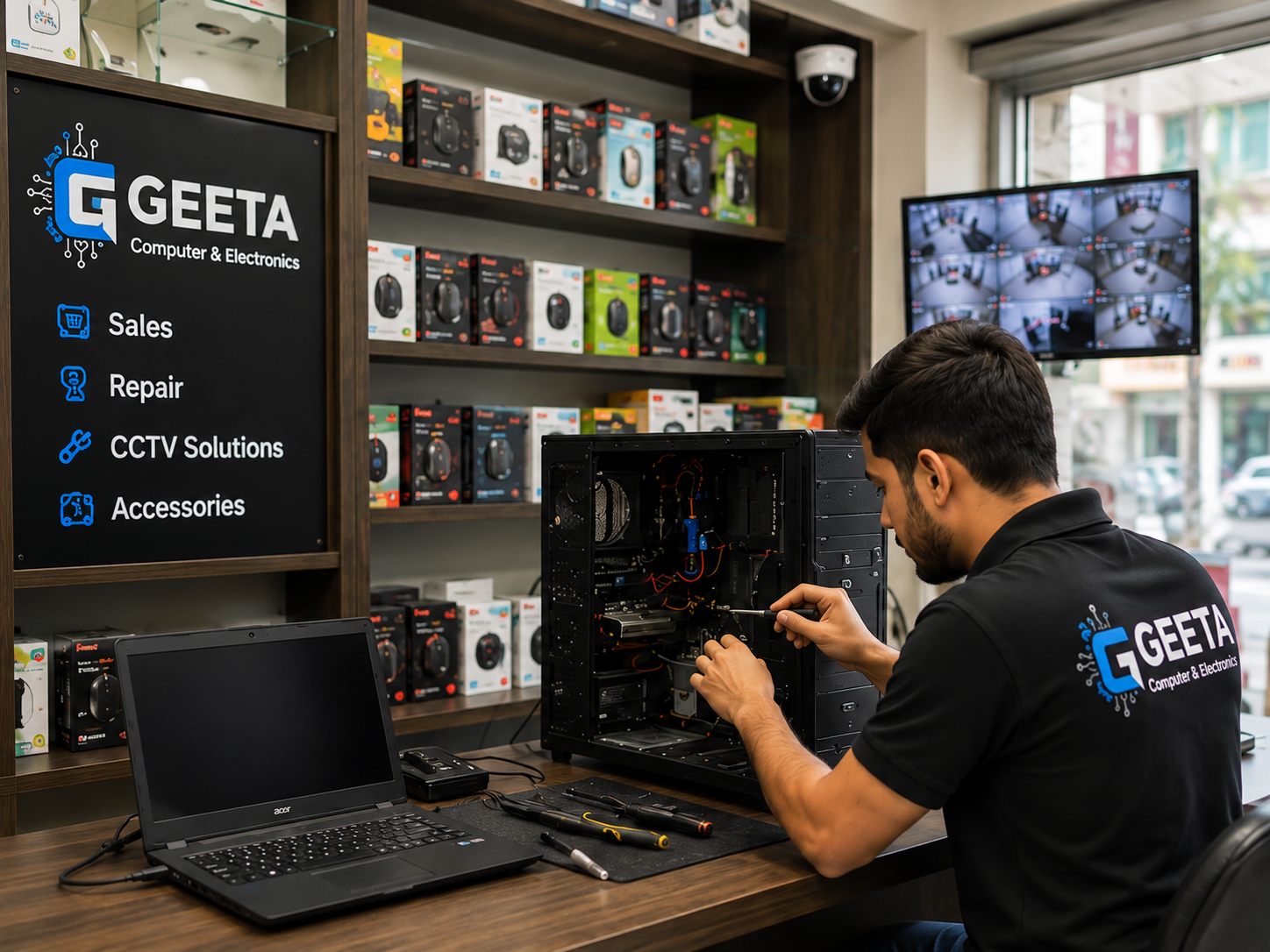 Geeta Computer technician repairing electronics motherboard